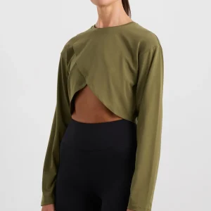Fashion Aje ATHLETICA Cropped Crossover Long Sleeve Top 440 Deep Khaki