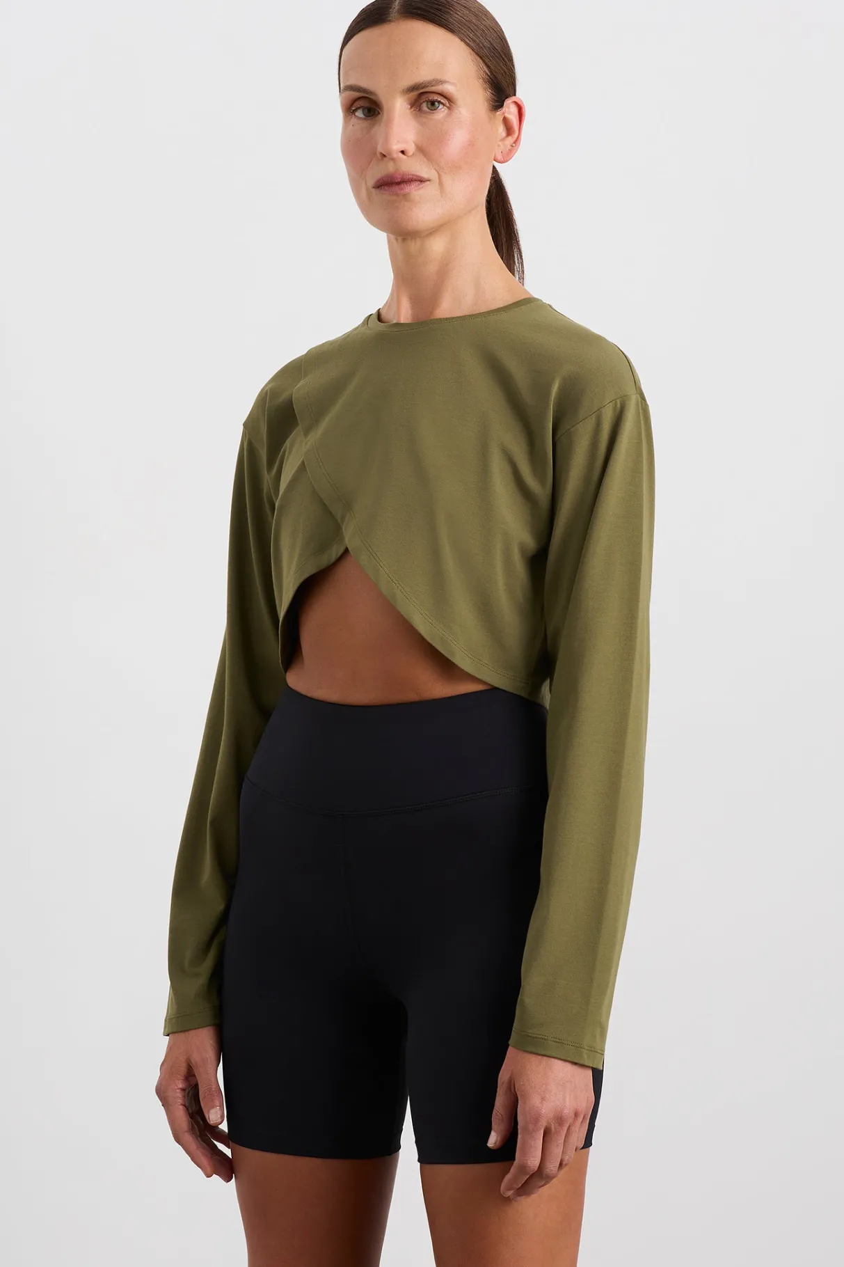 cropped_crossover_long_sleeve_top__0.webp Fashion Aje ATHLETICA Cropped Crossover Long Sleeve Top 440 Deep Khaki