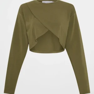 Fashion Aje ATHLETICA Cropped Crossover Long Sleeve Top 440 Deep Khaki