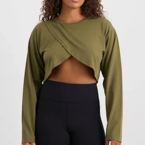 Fashion Aje ATHLETICA Cropped Crossover Long Sleeve Top 440 Deep Khaki