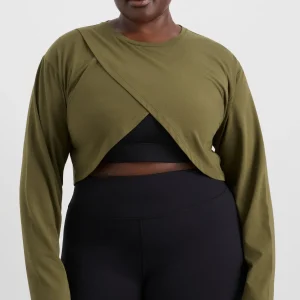 Fashion Aje ATHLETICA Cropped Crossover Long Sleeve Top 440 Deep Khaki