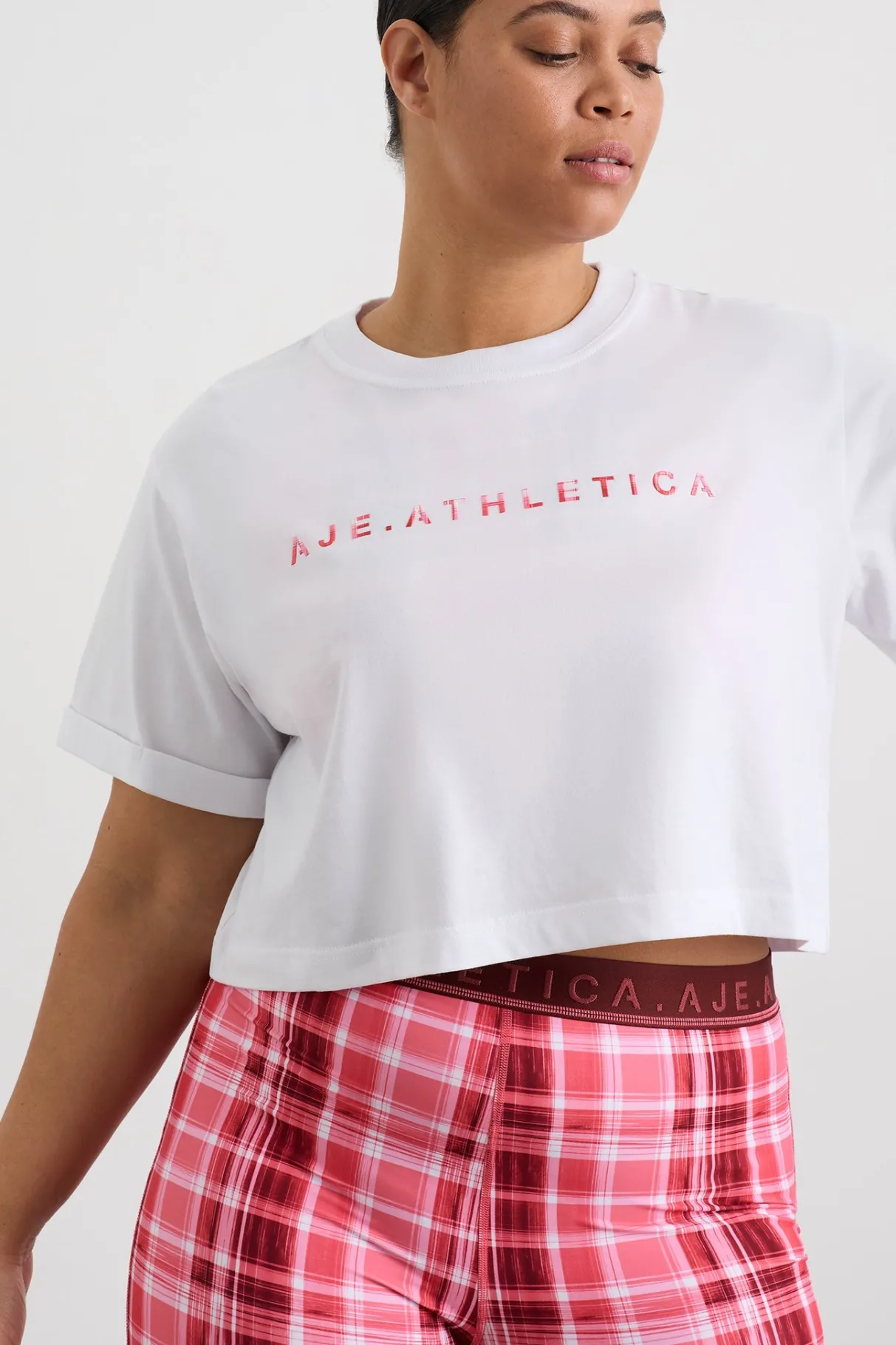 cropped_tee__14.webp Flash Sale Aje ATHLETICA Cropped Tee 105 White Blurred Pink Check