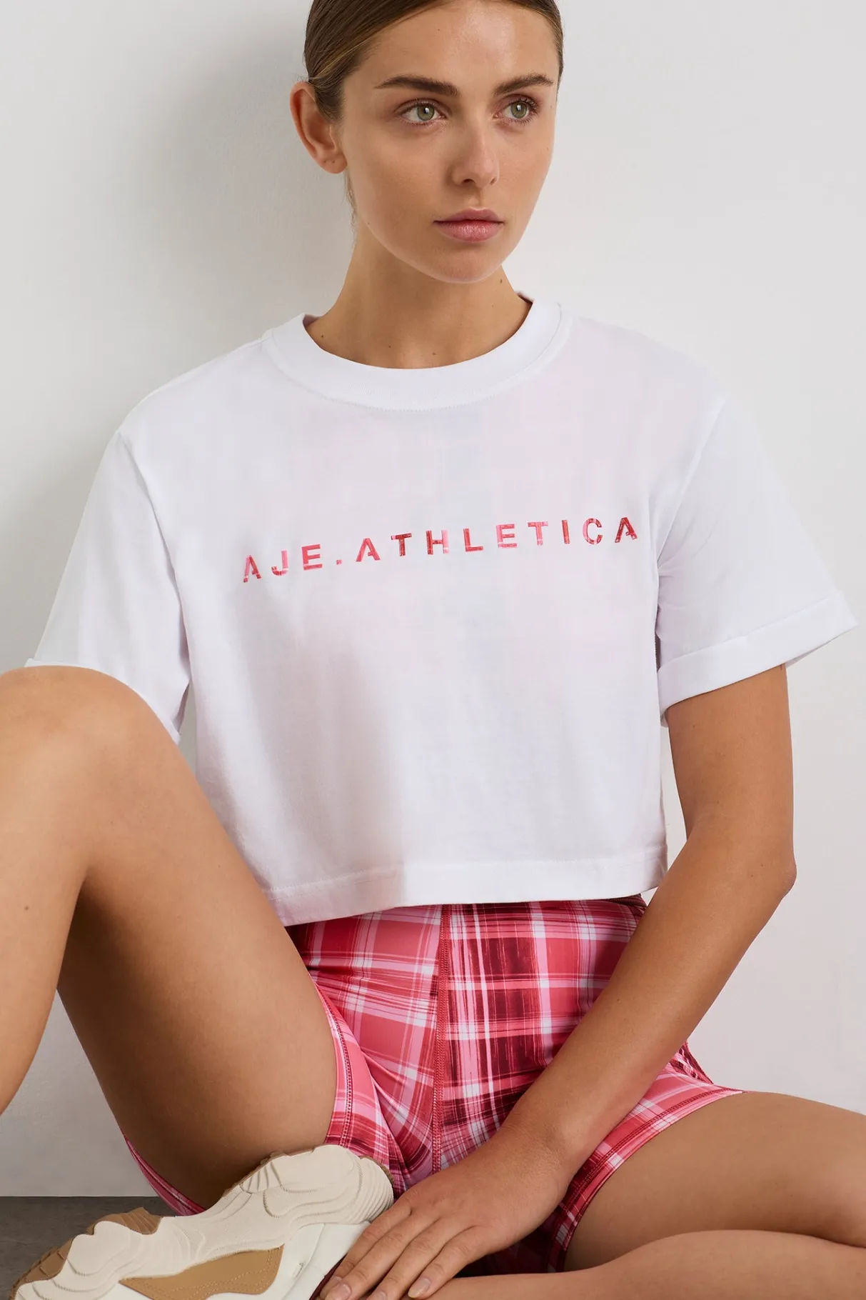cropped_tee__4.webp Flash Sale Aje ATHLETICA Cropped Tee 105 White Blurred Pink Check