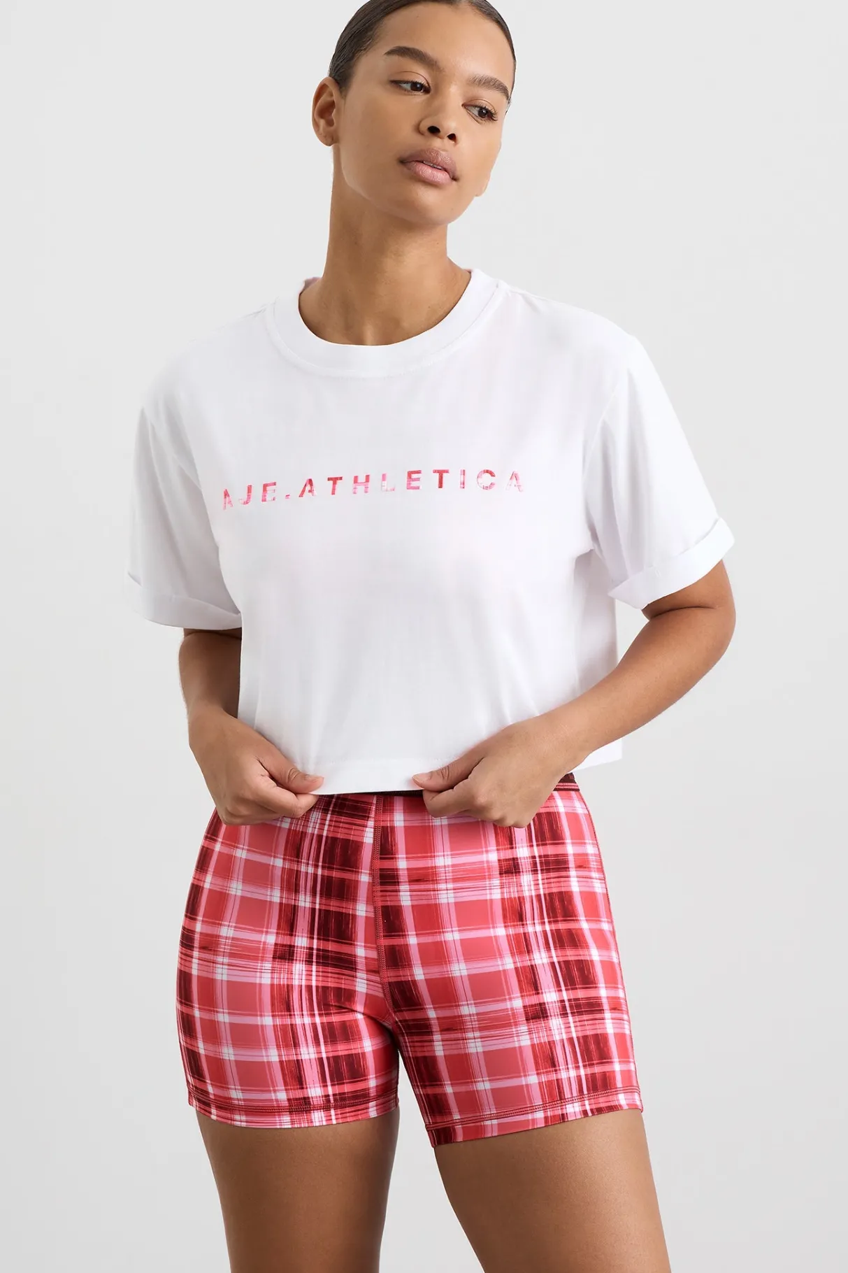 cropped_tee__6.webp Flash Sale Aje ATHLETICA Cropped Tee 105 White Blurred Pink Check