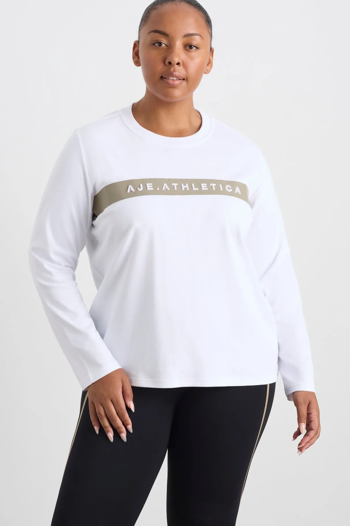 embossed_logo_long_sleeve_tshirt__11.webp Shop Aje ATHLETICA Embossed Logo Long Sleeve T-Shirt 127 White Soft Khaki