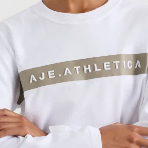 Shop Aje ATHLETICA Embossed Logo Long Sleeve T-Shirt 127 White Soft Khaki