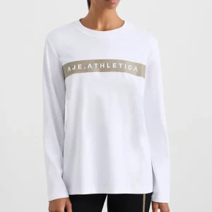 Shop Aje ATHLETICA Embossed Logo Long Sleeve T-Shirt 127 White Soft Khaki