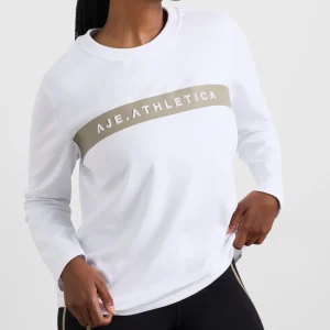 Shop Aje ATHLETICA Embossed Logo Long Sleeve T-Shirt 127 White Soft Khaki