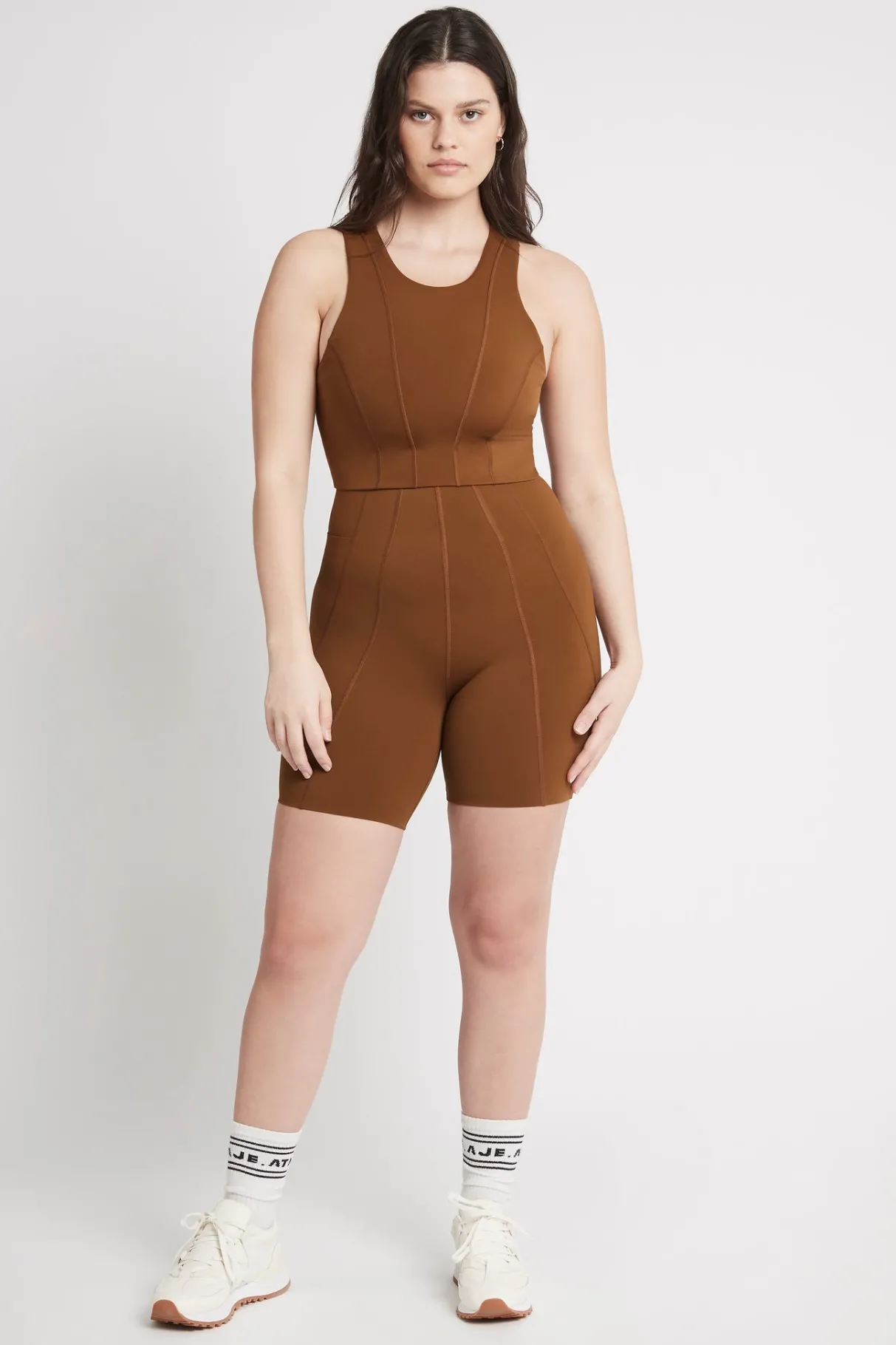 high_rise_mid_length_embossed_bike_short__10.webp Discount Aje ATHLETICA High Rise Mid Length Embossed Bike Short 615 Coffee/Gold