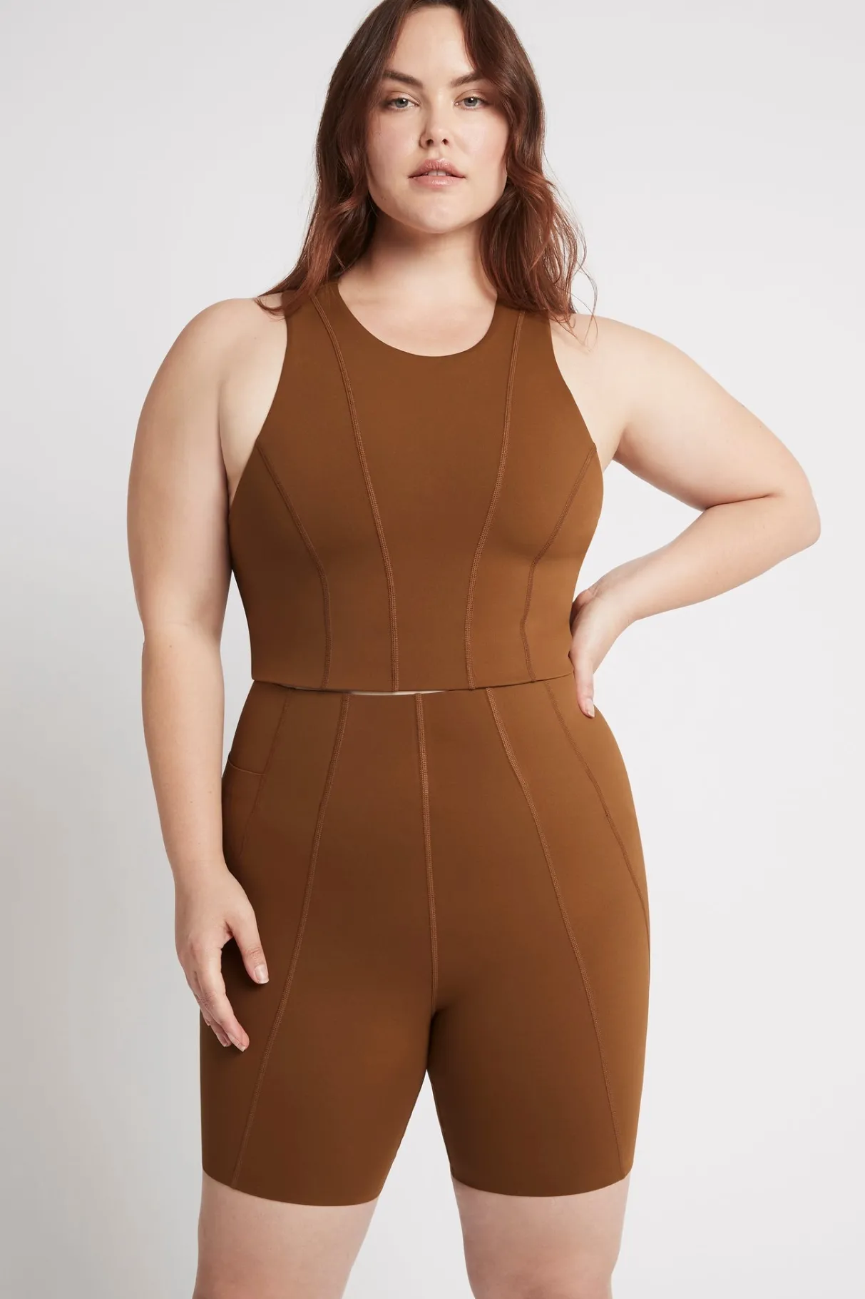 high_rise_mid_length_embossed_bike_short__11.webp Discount Aje ATHLETICA High Rise Mid Length Embossed Bike Short 615 Coffee/Gold