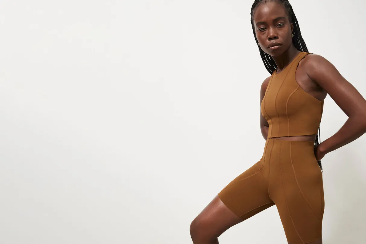 high_rise_mid_length_embossed_bike_short__15.webp Discount Aje ATHLETICA High Rise Mid Length Embossed Bike Short 615 Coffee/Gold