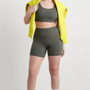 Discount Aje ATHLETICA High Rise Pintuck Mid Length Bike Shorts 625 Midnight Grey/Citrus Yellow