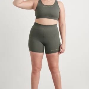 Discount Aje ATHLETICA High Rise Pintuck Mid Length Bike Shorts 625 Midnight Grey/Citrus Yellow