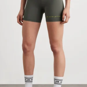 Discount Aje ATHLETICA High Rise Pintuck Mid Length Bike Shorts 625 Midnight Grey/Citrus Yellow