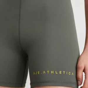Discount Aje ATHLETICA High Rise Pintuck Mid Length Bike Shorts 625 Midnight Grey/Citrus Yellow