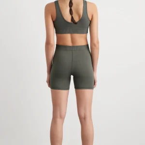 Discount Aje ATHLETICA High Rise Pintuck Mid Length Bike Shorts 625 Midnight Grey/Citrus Yellow