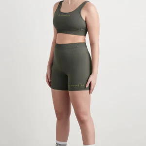 Discount Aje ATHLETICA High Rise Pintuck Mid Length Bike Shorts 625 Midnight Grey/Citrus Yellow