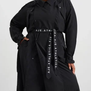 Fashion Aje ATHLETICA Long Belted Windbreaker Jacket 703 Black/Black