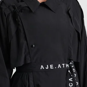 Fashion Aje ATHLETICA Long Belted Windbreaker Jacket 703 Black/Black
