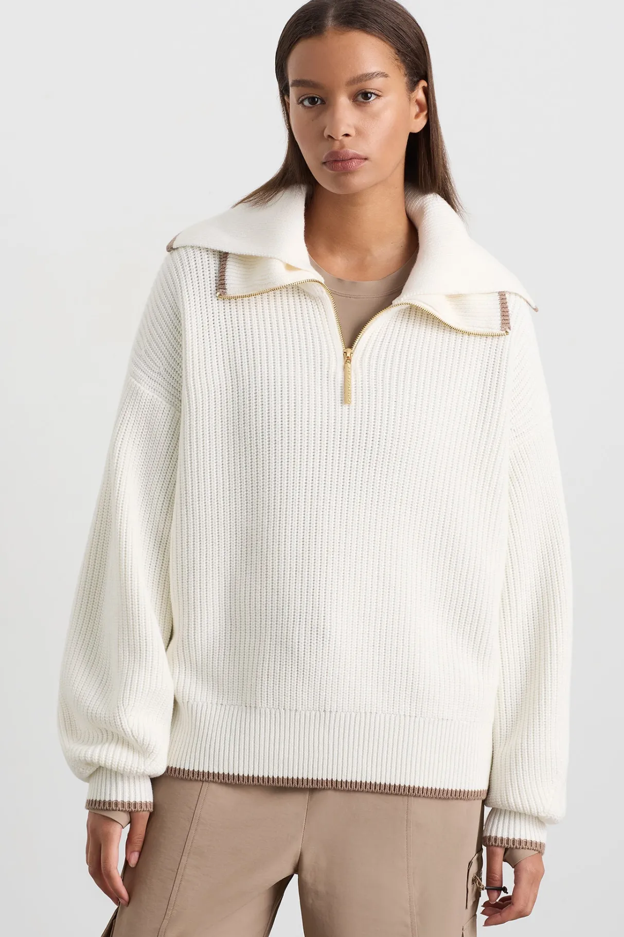 zip_ribbed_knit_jumper__0.webp Cheap Aje ATHLETICA 1/4 Zip Ribbed Knit Jumper 431 Ivory Dune Brown
