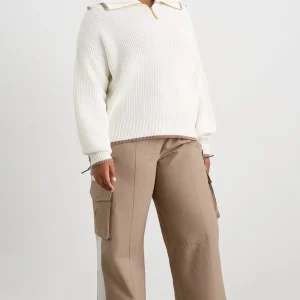 Cheap Aje ATHLETICA 1/4 Zip Ribbed Knit Jumper 431 Ivory Dune Brown
