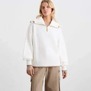 Cheap Aje ATHLETICA 1/4 Zip Ribbed Knit Jumper 431 Ivory Dune Brown