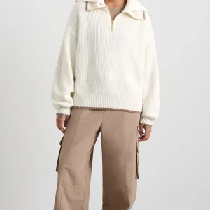 Cheap Aje ATHLETICA 1/4 Zip Ribbed Knit Jumper 431 Ivory Dune Brown