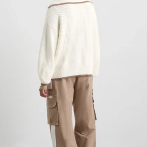 Cheap Aje ATHLETICA 1/4 Zip Ribbed Knit Jumper 431 Ivory Dune Brown