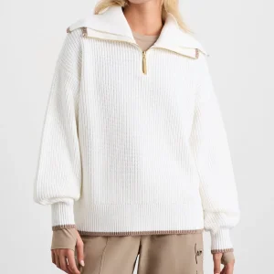 Cheap Aje ATHLETICA 1/4 Zip Ribbed Knit Jumper 431 Ivory Dune Brown