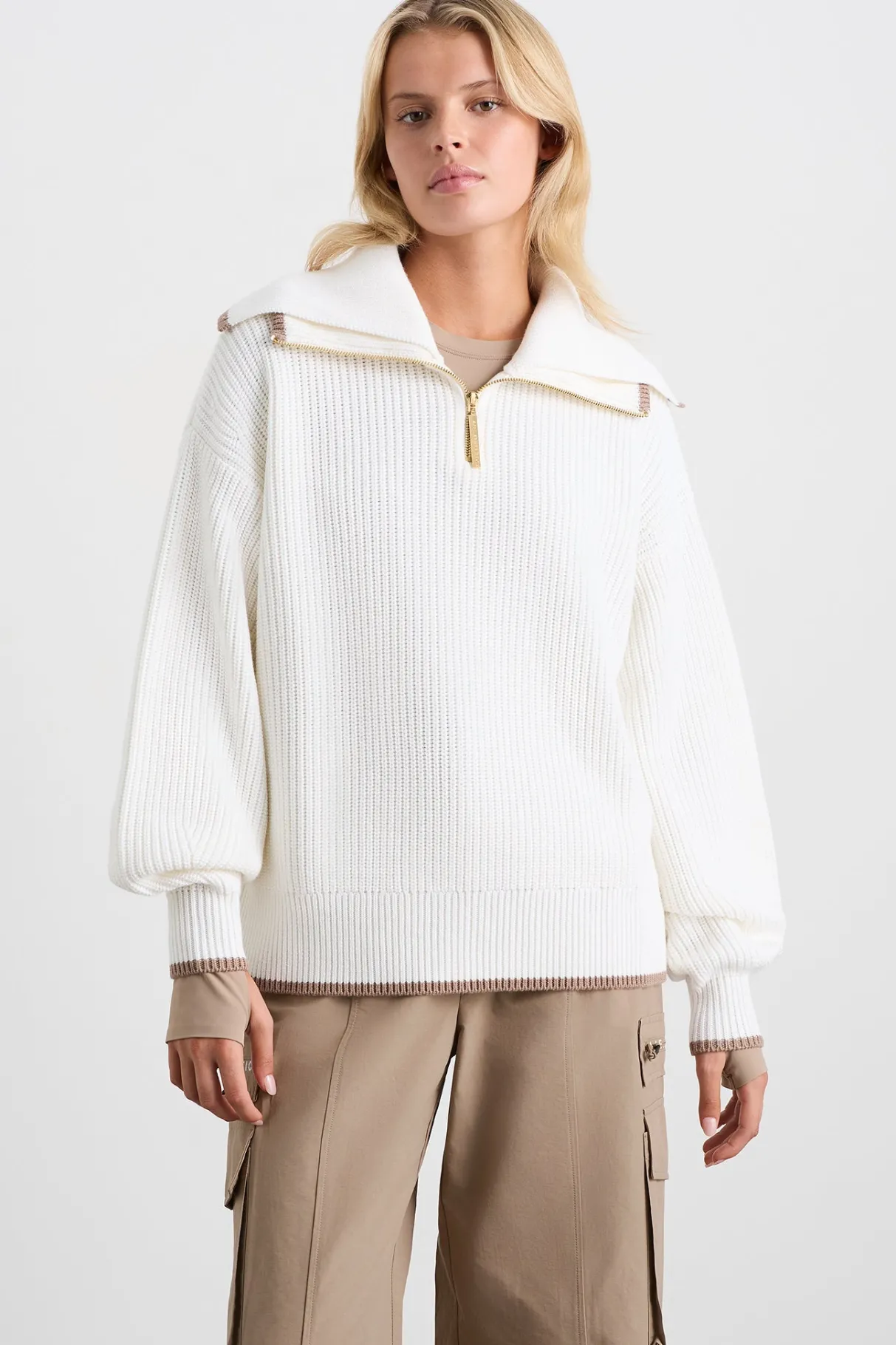 zip_ribbed_knit_jumper__5.webp Cheap Aje ATHLETICA 1/4 Zip Ribbed Knit Jumper 431 Ivory Dune Brown