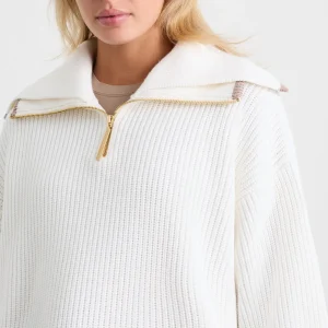 Cheap Aje ATHLETICA 1/4 Zip Ribbed Knit Jumper 431 Ivory Dune Brown