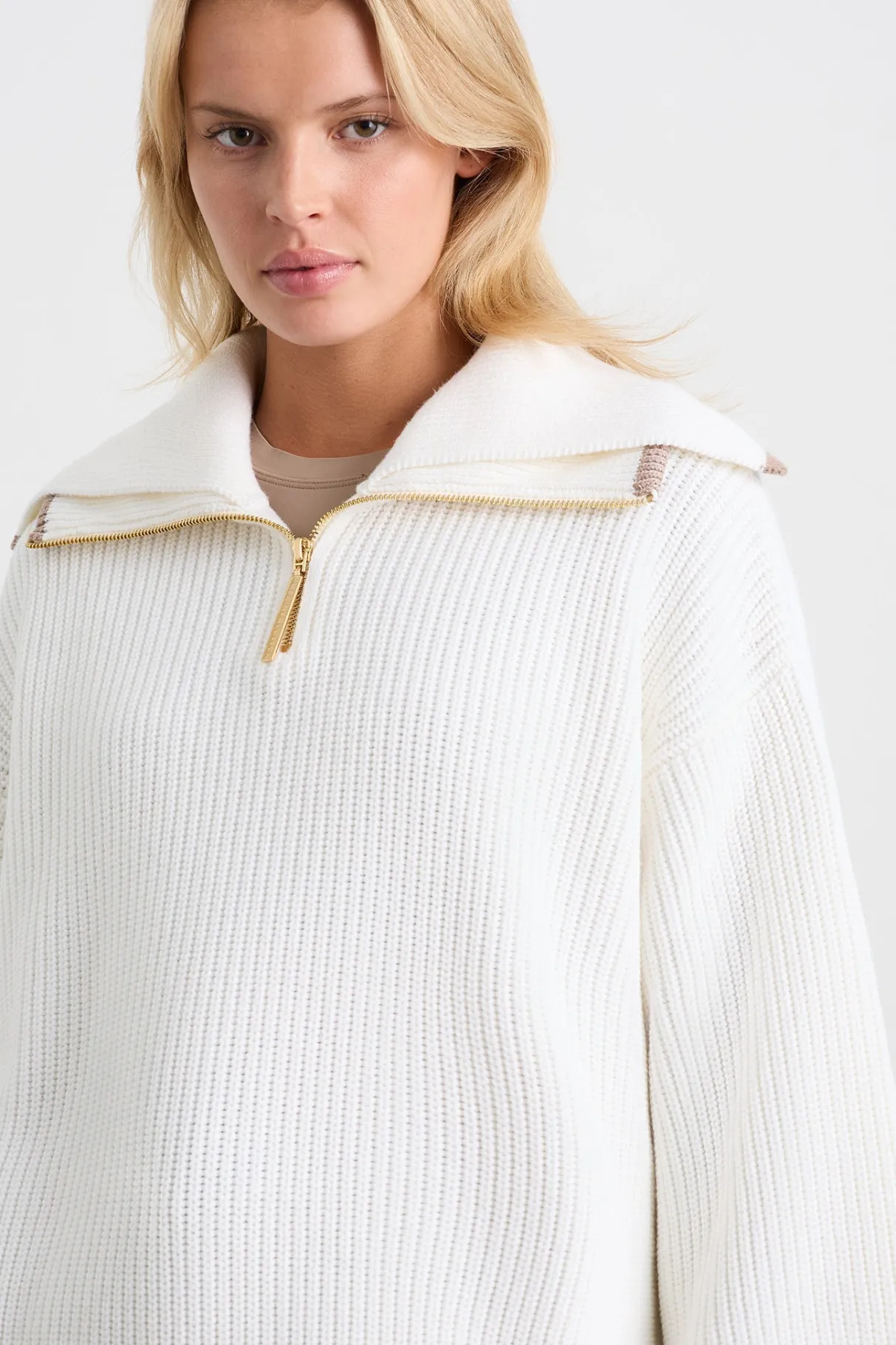 zip_ribbed_knit_jumper__7.webp Cheap Aje ATHLETICA 1/4 Zip Ribbed Knit Jumper 431 Ivory Dune Brown